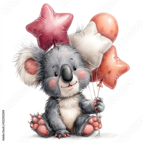 Cute koala holding star-shaped balloons, sitting and smiling with a playful, festive vibe.