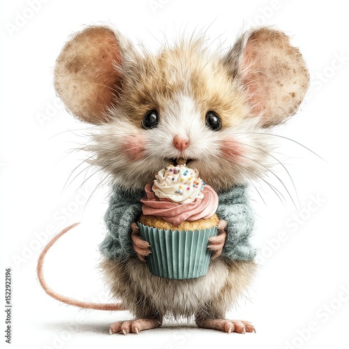 Adorable fluffy mouse in a sweater holding a cupcake with pink frosting and sprinkles on a white background.