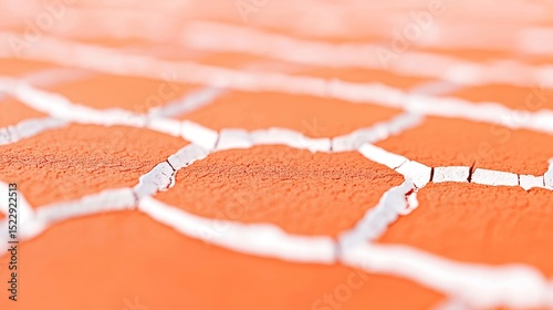 Cracked Clay Tennis Court Surface, showcasing rough textures, faded markings, and the wear of play, inviting a sense of history and intensity on the court.