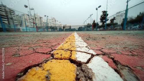 Cracked Clay Tennis Court Surface, showcasing rough textures, faded court markings, and the intricate details of weathered clay, inviting a sense of athletic history and wear.