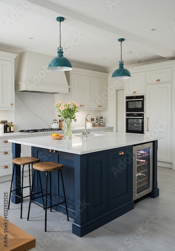 Kitchen Island with Stools and Pendant Lights