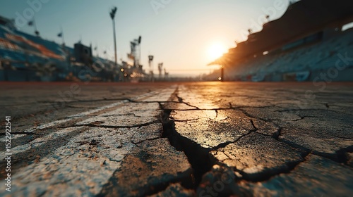 Cracked Clay Tennis Court Texture, ground-level perspective revealing rough surfaces and faded lines, highlighting wear and tear of an outdoor sports facility