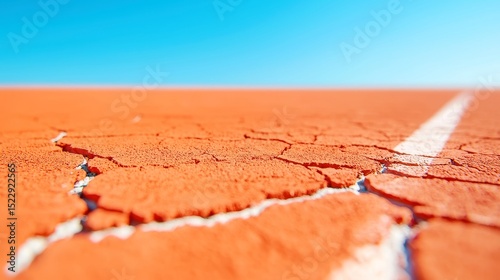 Cracked Clay Tennis Court, ground-level view highlighting rough textures, faded markings, weathered surfaces, evoking a sense of decay and the passage of time in sports.