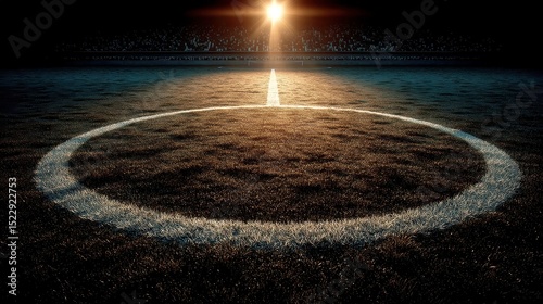 Sunrise Serenity on the Football Pitch, intricate textures of the center circle illuminated by early light, long shadows stretch across the vibrant green field.