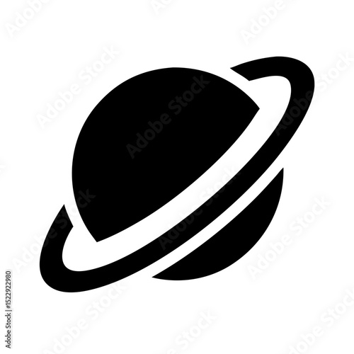 Minimalist black Saturn planet vector with ringed silhouette representing iconic space object often featured in cosmic design elements