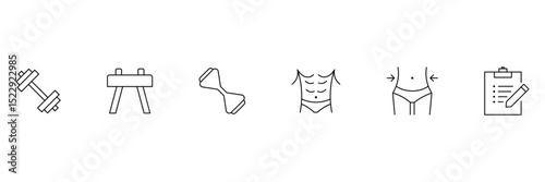 Body fitness muscle abs slimming program gym dumbbell workout training plan fat loss strength core icon vector illustration set.