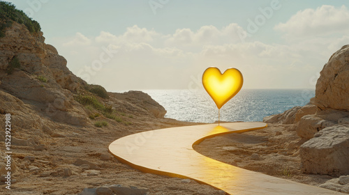 Winding path leads to glowing heart symbol by sea, evoking feelings of love and tranquility. serene landscape enhances emotional connection