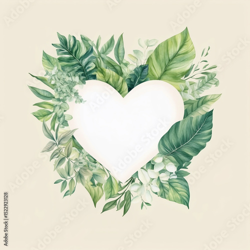 Vibrant watercolor design highlights a heart-shaped frame surrounded by various green plants