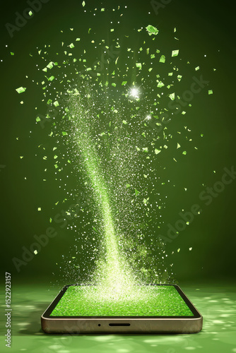 Smartphone emits vibrant green explosion of particles, creating dynamic visual effect against dark green background. This symbolizes digital