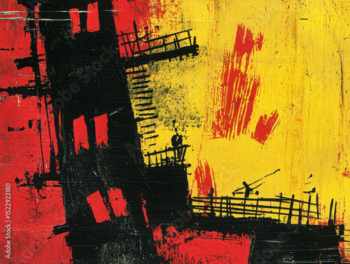 Minimalistic abstract art featuring bold red and yellow colors with black silhouettes of structures and lines, evoking sense of depth and emotion