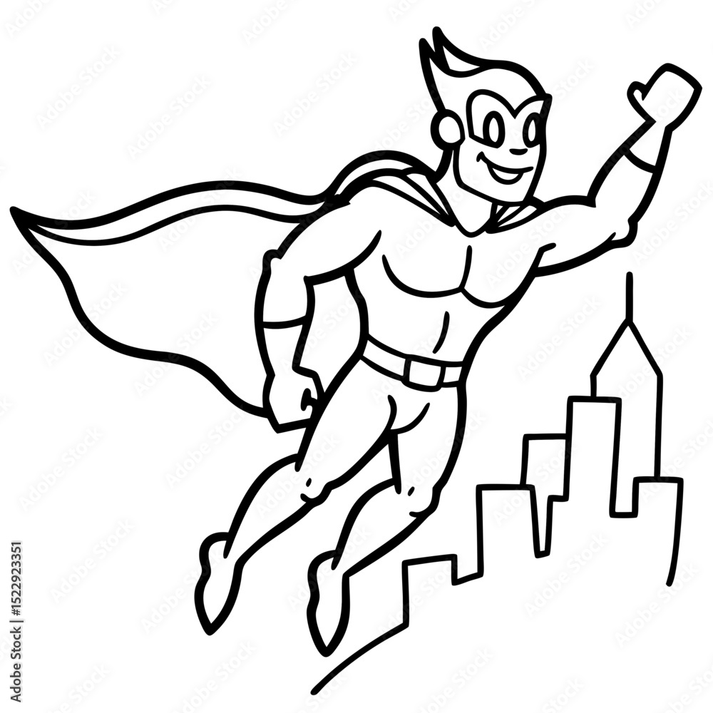Fototapeta premium Superhero illustration, dynamic mood, featuring a flying character with a cape in a line art style