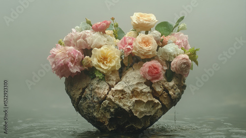 Cracked heart sculpture adorned with vibrant flowers, symbolizing beauty and fragility, surrounded by misty atmosphere