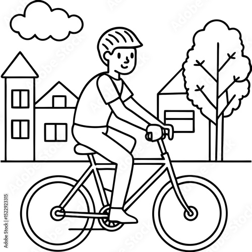 Bicycle riding illustration, active mood, featuring a boy cycling in a neighborhood scene in a line art style