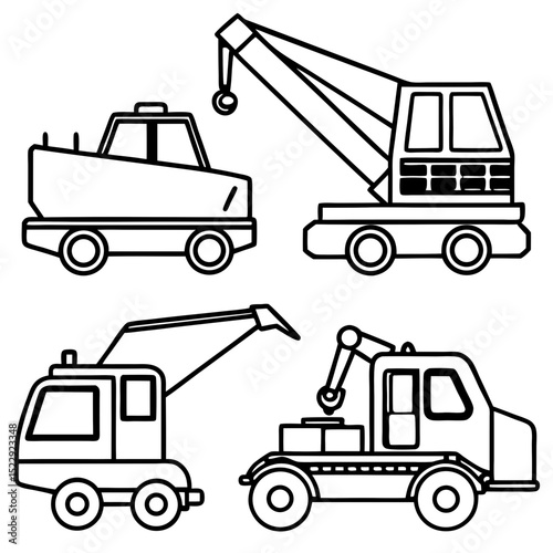 Construction vehicles illustration, industrious mood, featuring various machinery in a simple line art style