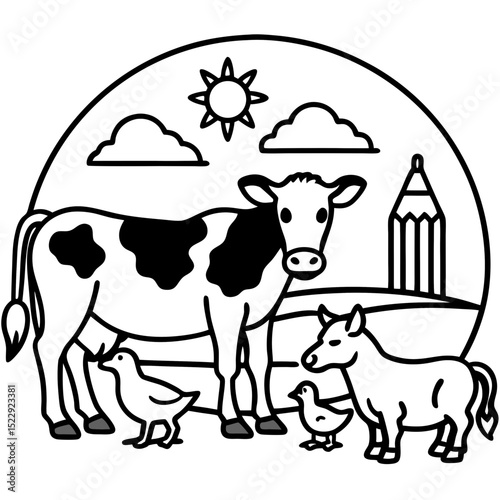 Farm animals illustration, cheerful mood, featuring a cow, chicks, and a horse in a scenic farm setting in a line art style