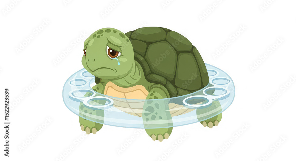 Obraz premium Cartoon turtle with teardrop, feeling sad, sitting in a clear plastic drink holder on black.