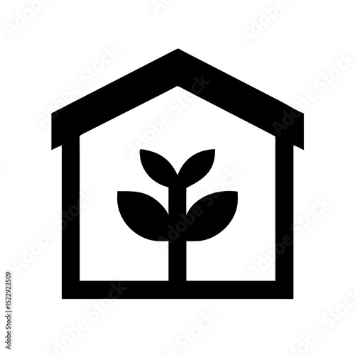 Minimalist black greenhouse illustration representing indoor plant growing structure for botanical cultivation and sustainable growth