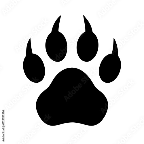 Black vector paw print icon showing small claws symbolizing animal tracks used in pet care branding and wildlife tracking illustrations