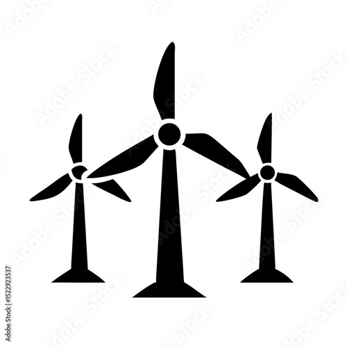 Black vector wind turbine icon showing three-blade generator symbolizing clean renewable energy source for sustainable electricity supply