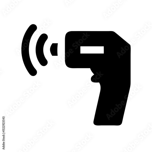 Minimalist black icon of digital IR thermometer tool showing handheld heat detector for health equipment and technical measurements