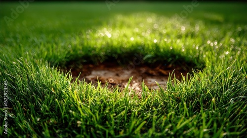 Football Field Penalty Spot, close-up view of a worn patch on the grass at the penalty area, surrounded by vibrant green turf, showcasing the wear from intense gameplay.