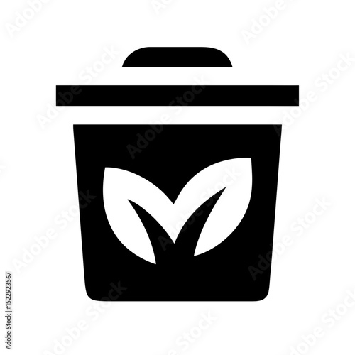 Black vector compost bin icon with leaf recycling symbol representing zero waste organic breakdown and sustainable environmental practice