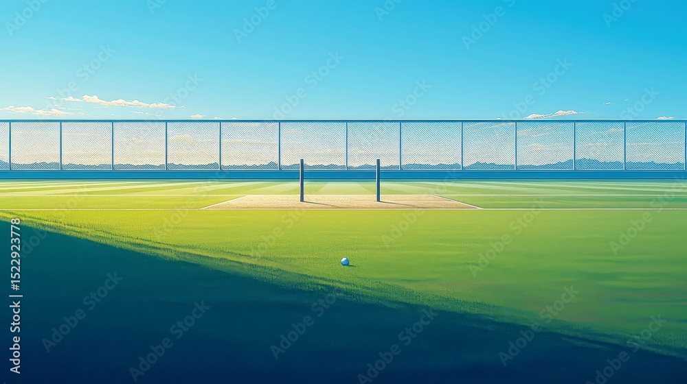 Fototapeta premium Cricket Pitch Center with Wicket Holes and Dry Grass, showcasing an isolated perspective of the playing field, highlighting the contrast between the worn surface and surrounding space