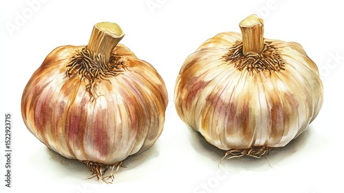 Two round, textured garlic bulbs with dried stems.