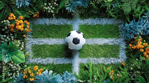 Penalty Spot Detail, Ground-level view of a worn patch at the penalty spot on a professional football field, surrounded by vibrant green grass, inviting a sense of anticipation.