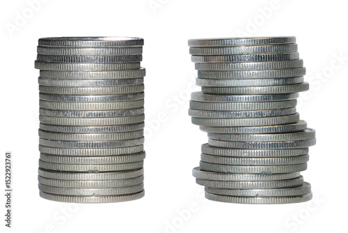 Stack of silver coins isolated on white background. Money on PNG file.