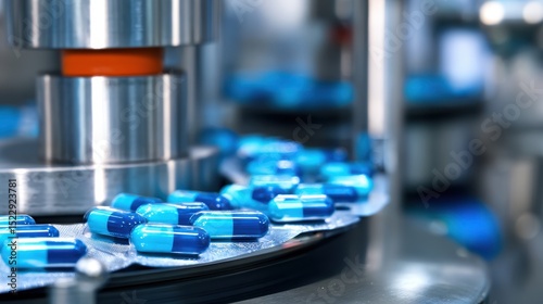 Close-up view of blue capsules on a production line in a pharmaceutical factory, showcasing manufacturing