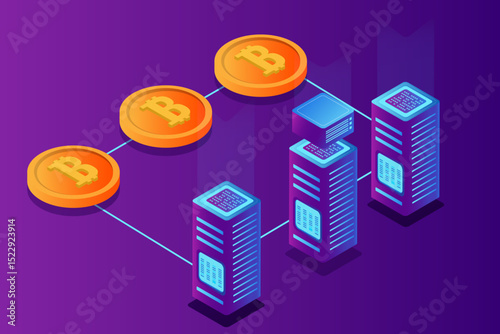Isometric blockchain server network with bitcoin coin connections in digital environment