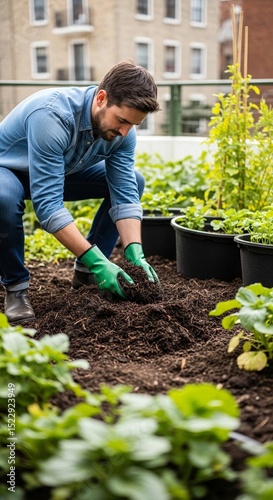 Eco-Gardening Man Composting in Urban Plot