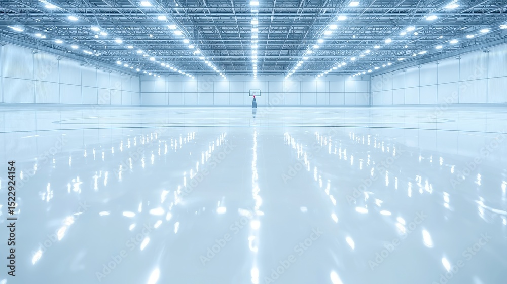 Obraz premium Indoor basketball court, polished wooden floor reflecting overhead lights, spacious arena atmosphere, vibrant energy, inviting setting for sports events and activities