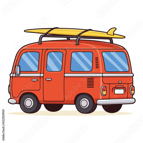 Red Cartoon Camper Van with Surfboard – Fun Summer Travel Vector for Posters and Beach Adventures