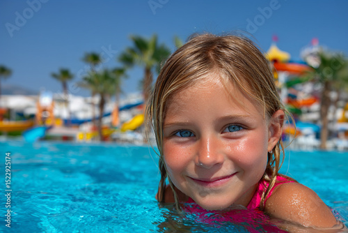 Blonde girl’s carefree laughter fills the air as she swims in a sunlit pool, water splashing around her in a lively water park setting. Copy space.