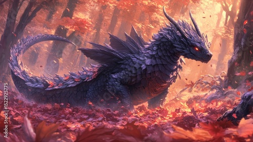 Dragon in autumn forest; majestic creature amidst colorful foliage