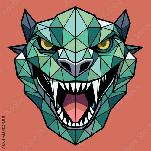 Geometric Mosaic Beast Head with Sharp Teeth and Fierce Yellow Eyes on Salmon Backdrop