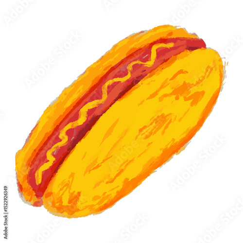 Hand-drawn hotdog with sausage and mustard in a bun