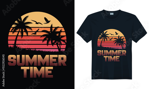 Stylized tropical sunset with gradient stripes, bold font, and palm tree design for t-shirts