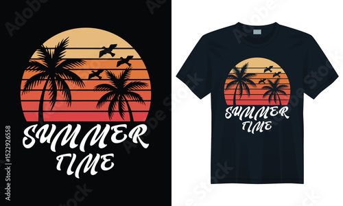 Retro tropical sunset graphic with palm trees and script font Summer Time for t-shirt print