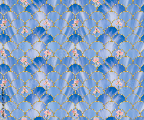 Arcs seamless pattern. Grid. Mosaic, inlay. Illustration in stained glass style. Art Deco. Delphinium. Seamless tracery pattern for wallpapers, textile print, bandanas, t-shirts. Oriental pattern.