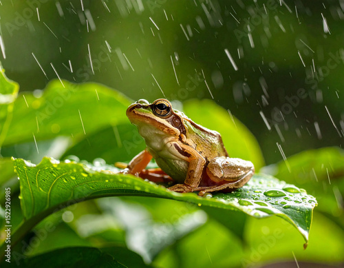 カエル、葉の上、ちょこんと、座る、雨の日、風景、梅雨、6月、ケロ、かわいい