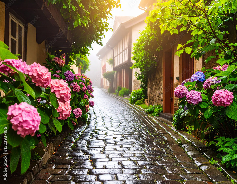 Naklejka premium 雨、濡れる、紫陽花、石畳、小道、梅雨、初夏、洋風、庭、道路
