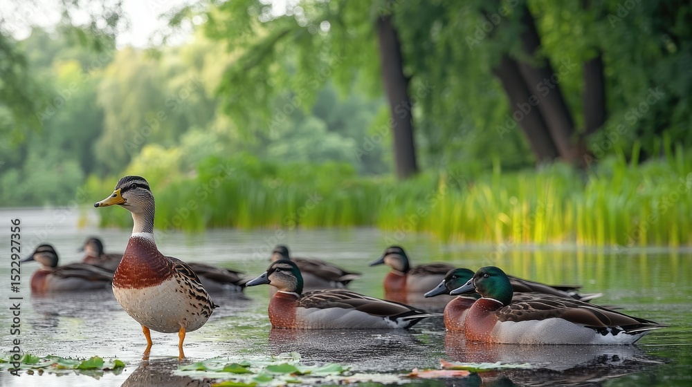 Fototapeta premium Ducks swimming in park pond at sunrise