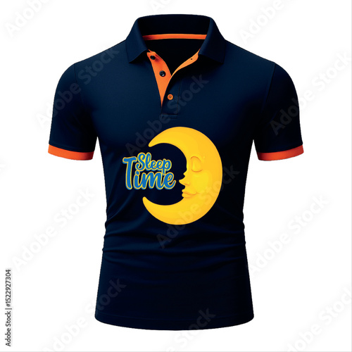 Dark blue polo shirt with sleep time moon graphic and orange accents