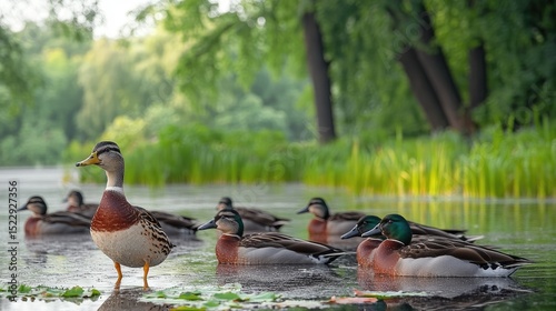 Ducks swimming in park pond at sunrise