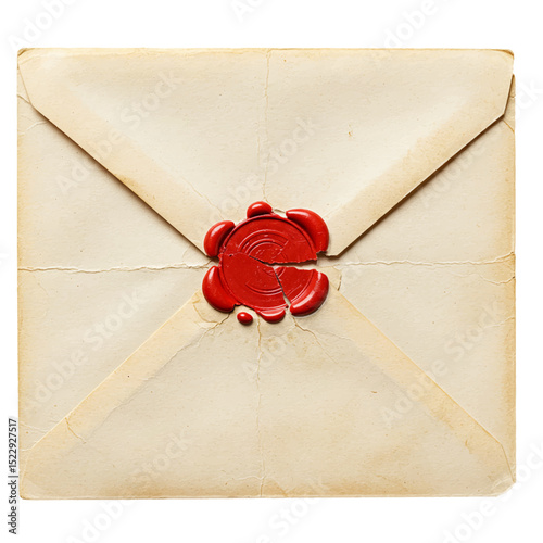 broken wax seal on cracked envelope flap isolated on white background