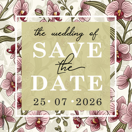 Vintage vector illustration with orchid flowers on changeable background. Floral design template for wedding invitation, greeting card, notebook cover, flyer or certificate.