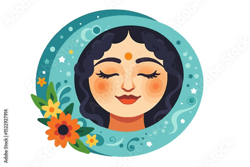 Beautiful Woman with Flowers Meditation Illustration - Serene Female Face with Closed Eyes Artwork - Calming Spiritual Art with Floral Accents and Teal Background